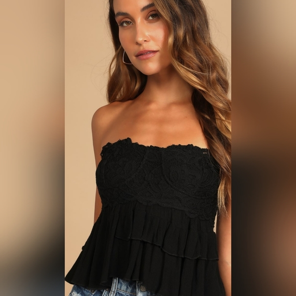Free People Adella Corset Cami Black Lace Tiered Strapless Crop Top Size XS Boho - Picture 2 of 11